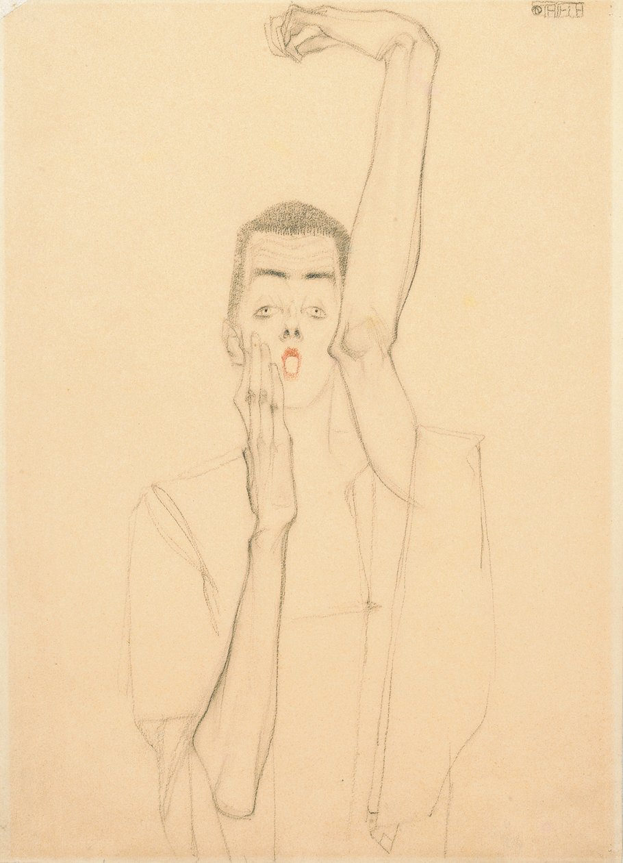 Jeune homme avec un bras levé et une bouche rouge, 1909 - Egon Schiele