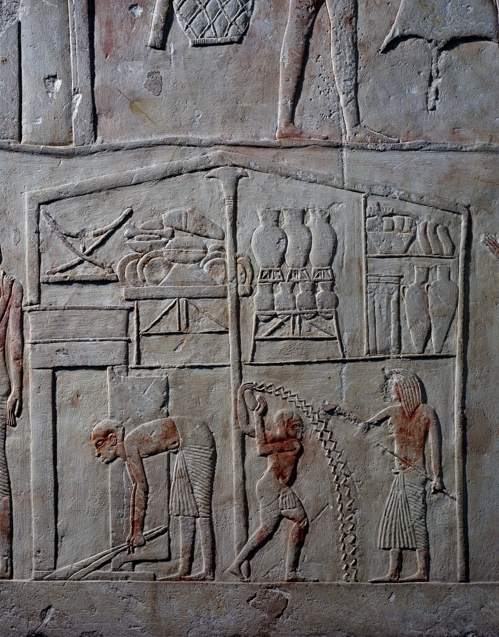 Disposition des aliments dans les entrepôts, relief mural en calcaire, de la tombe memphite d