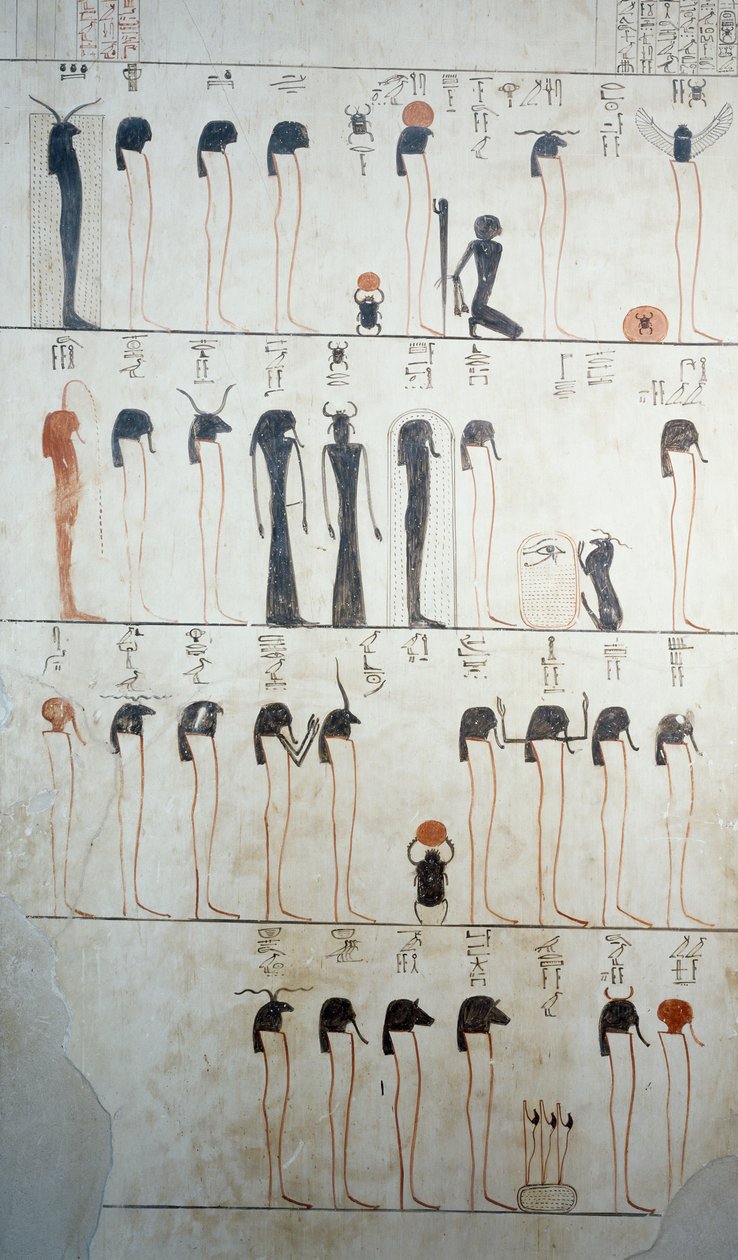 Représentation de la Litanie de Ra, détail des fresques dans la chambre funéraire de la Tombe de Thoutmosis III, Vallée des Rois, Louxor, Thèbes (Liste du patrimoine mondial de l