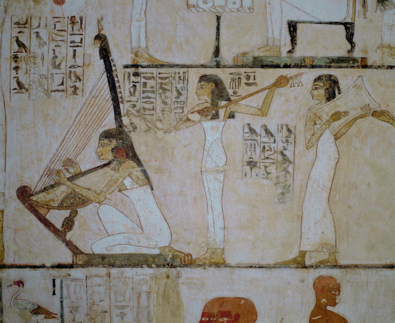 Fille musicienne avec harpe et instruments à cordes (peinture murale) - Egyptian 18th Dynasty