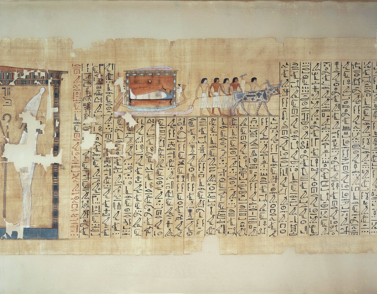Papyrus représentant le transport du sarcophage sur un chariot tiré par des bœufs, du Livre des Morts de Maiherperi - Egyptian 18th Dynasty