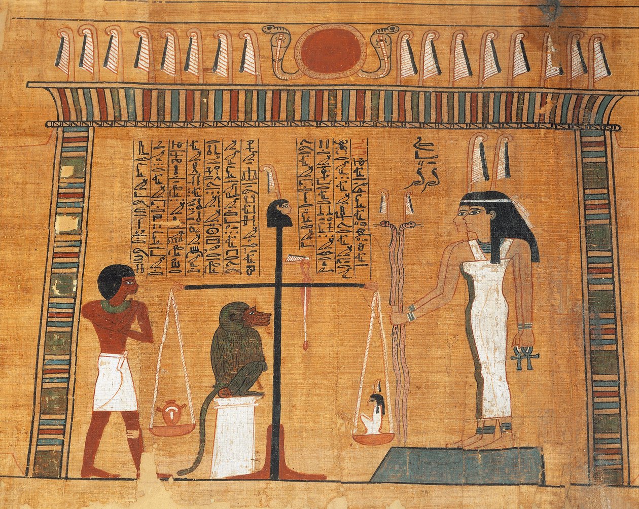 Papyrus du Livre des Morts : le défunt en jugement devant le tribunal d