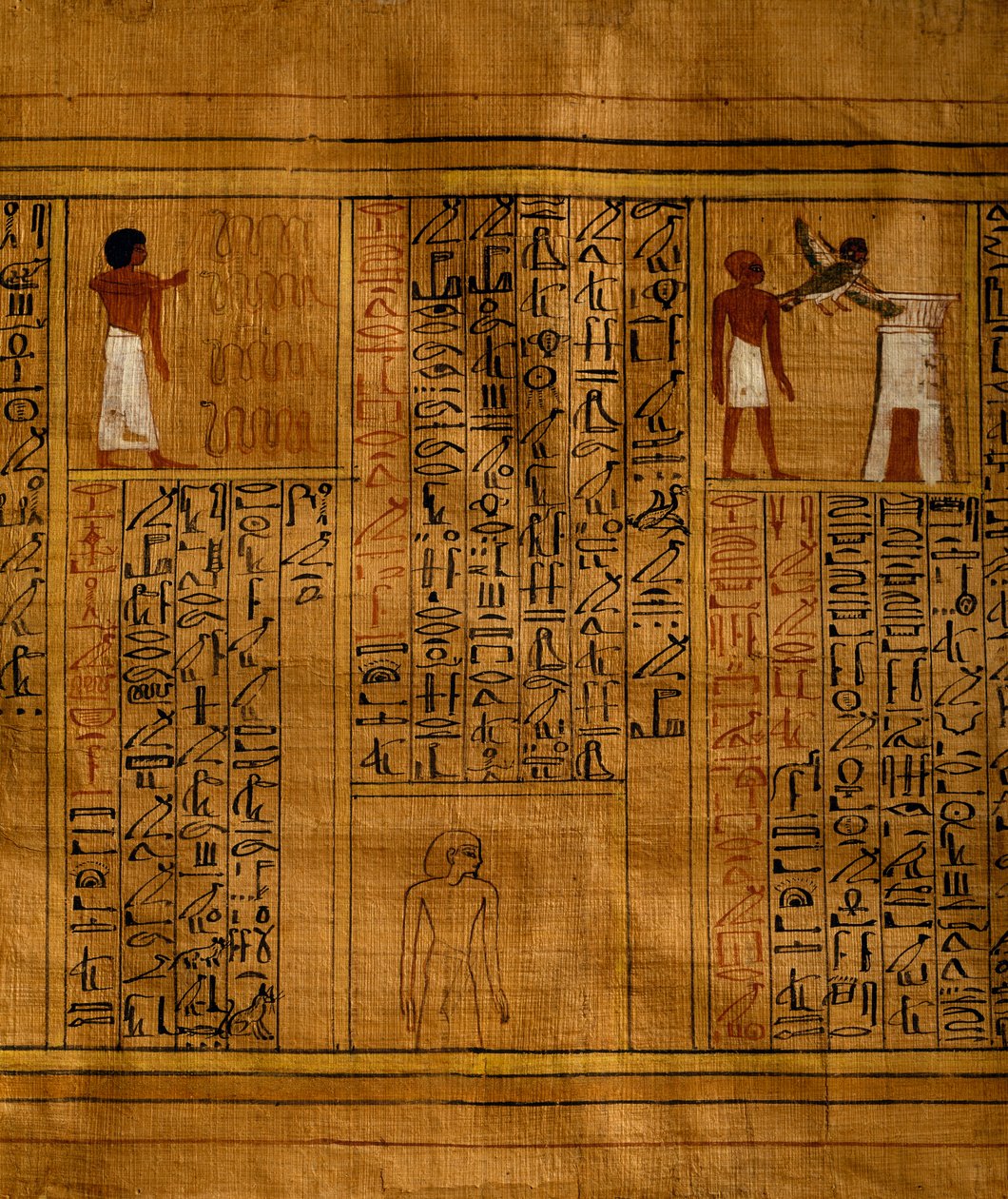 Portion du Livre des Morts avec texte en colonnes verticales de hiéroglyphes et inserts contenant des illustrations polychromes - Egyptian 18th Dynasty