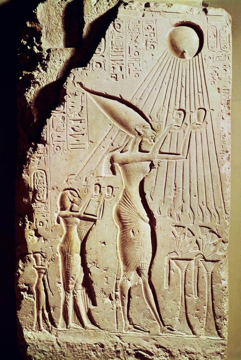 Relief représentant Amenophis IV (Akhenaton), Néfertiti et leur fille, Méritaton, faisant une offrande à Aton, du Palais royal de Tell el-Amarna - Egyptian 18th Dynasty