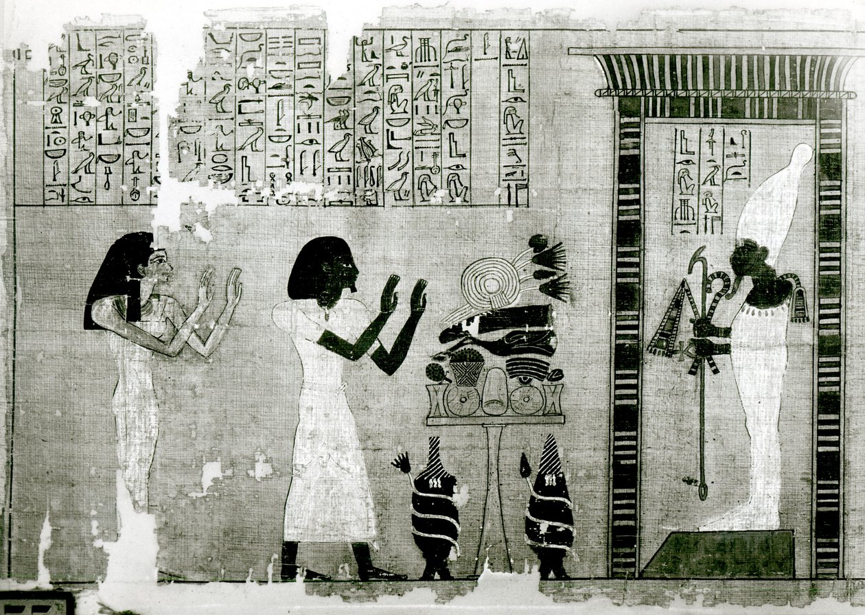 Le défunt accompagné de sa sœur vont rendre hommage à Osiris, détail du Livre des Morts, Nouvel Empire - Egyptian 18th Dynasty