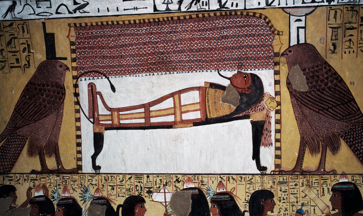 La déposition du défunt, peinture murale, Tombe de Sennedjem, Vallée des Rois, Louxor, Thèbes (Site du patrimoine mondial de l