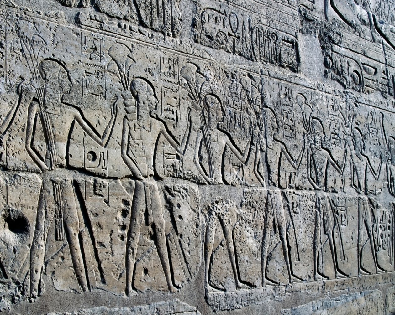 Personnages symbolisant les districts miniers apportant leurs tributs à dieu, relief, Cour de Ramsès II, Temple d