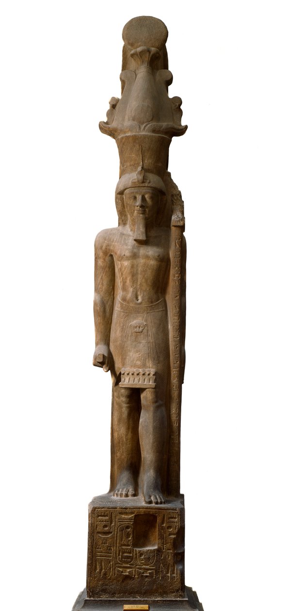 Antiquité égyptienne : statue du pharaon Sethi II (Seti ou Sety) (1200-1194 av. J.-C.) de la 19ème dynastie en grès rose, portant un sceptre avec le symbole du dieu Amon, Dim. 465 cm. Musée égyptien de Turin - Egyptian 19th Dynasty