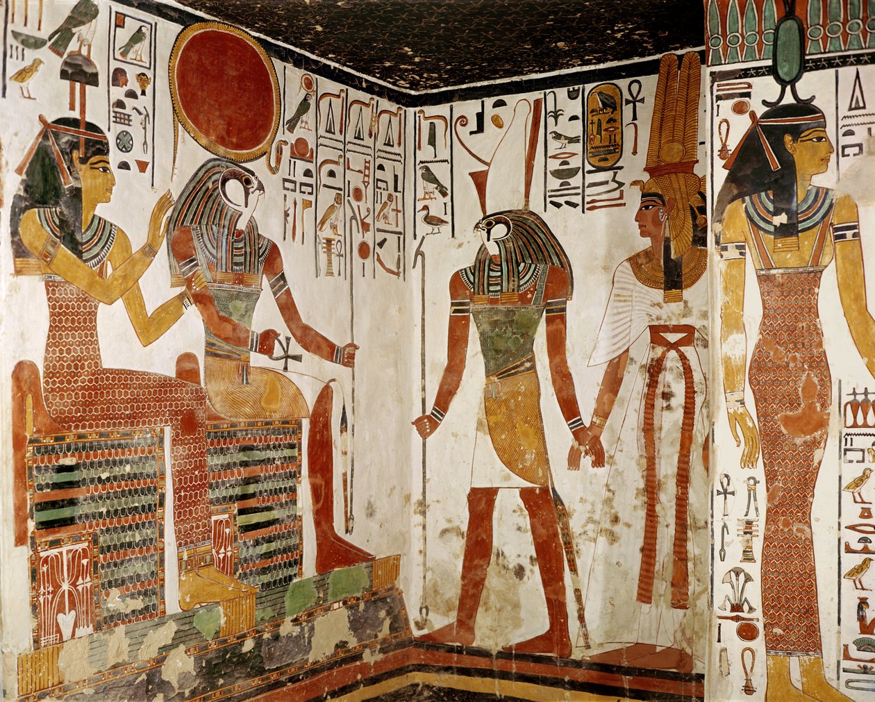 Néfertari est présentée devant le dieu Rê-Horakhty par Horus, de la tombe de Néfertari, Nouvel Empire (peinture murale) - Egyptian 19th Dynasty