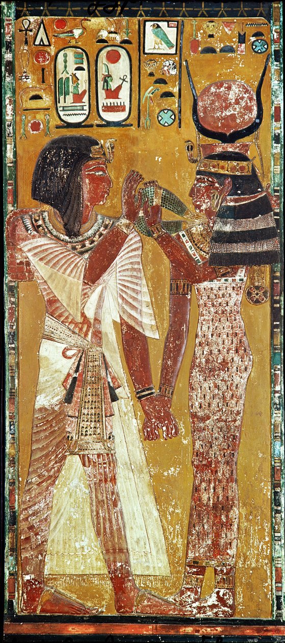 Relief représentant la déesse Hathor plaçant le collier magique sur Seti I (c.1394-1279 av. J.-C.) Nouveau Royaume (calcaire peint) - Egyptian 19th Dynasty