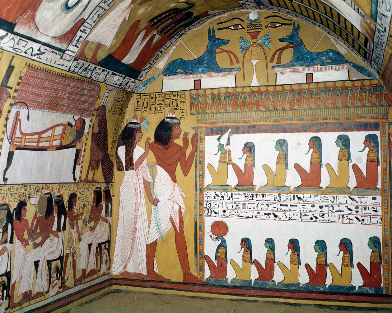 Sennedjem et sa femme face à un naos contenant douze divinités, du mur ouest de la tombe de Sennedjem, Village des Ouvriers, Nouvel Empire - Egyptian 19th Dynasty