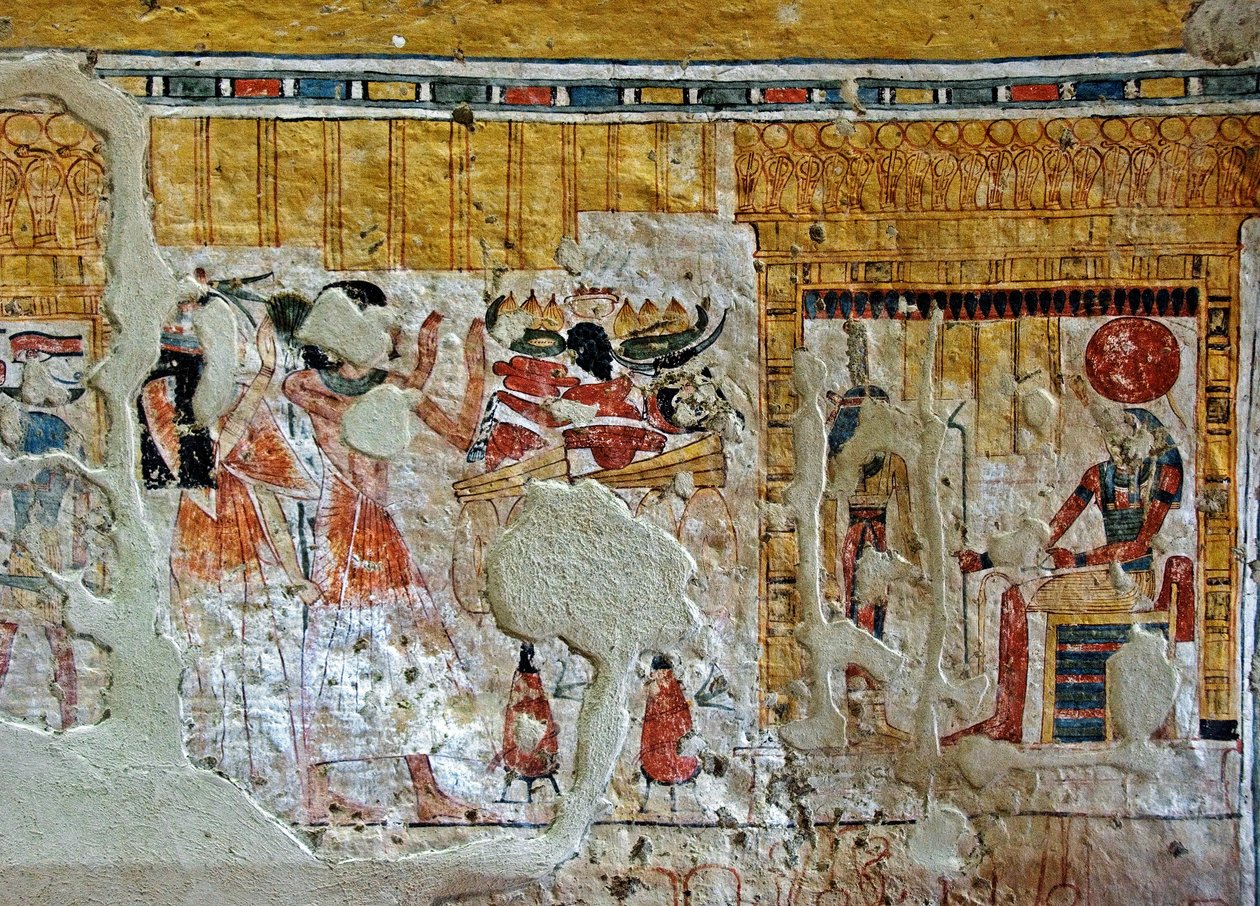 Antiquité égyptienne : représentation de Shuroy et de sa femme adorant des divinités. Peinture de la tombe de Shuroy (TT13). 20e dynastie. 1190-1077 av. J.-C. Nécropole de Dra Abu el-Naga, rive ouest de Louxor, Égypte - Egyptian 20th Dynasty