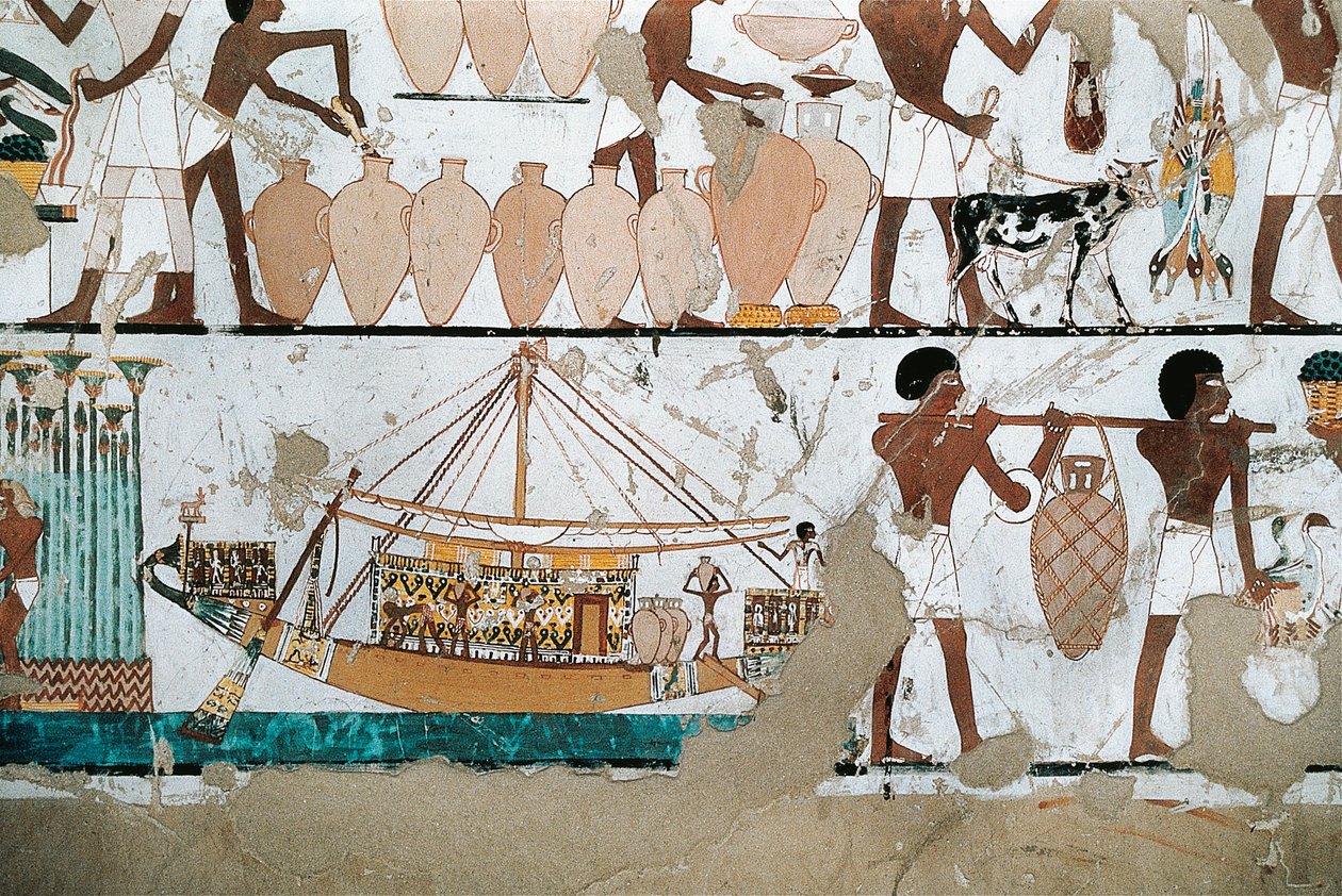 Peinture murale représentant une scène de transport de vin en bateau, du Nouvel Empire - Egyptian 20th Dynasty