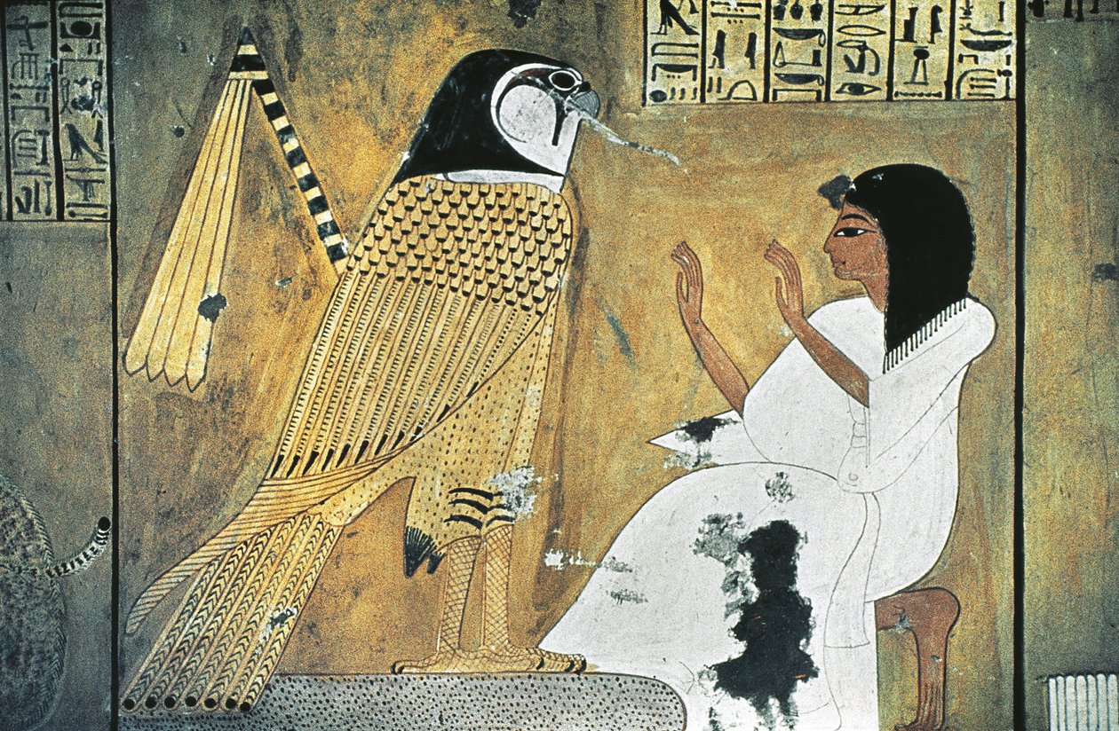 Peinture murale de scène du Livre des Morts, transformation en Faucon d