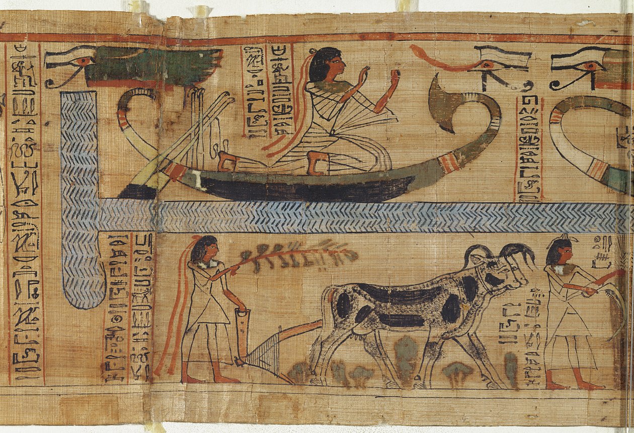 Détail du Livre des Morts du prêtre Aha-Mer représentant une barque et une scène agricole, Troisième Période Intermédiaire - Egyptian 21st Dynasty