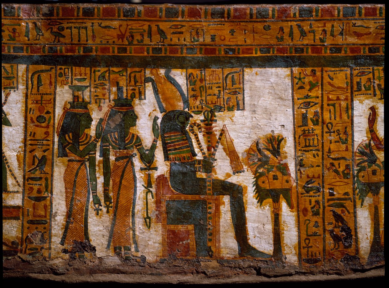 Antiquité égyptienne : les divinités Isis et Nephtys adorant Osiris - Egyptian 21st Dynasty