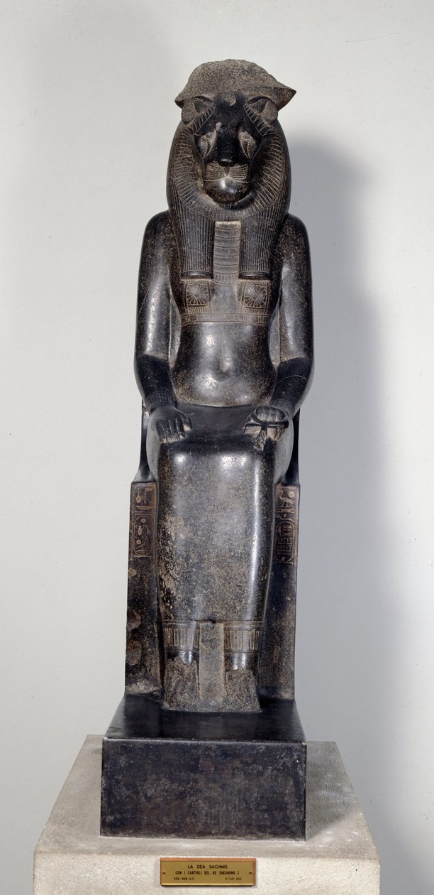 Antiquité égyptienne : la déesse lionne Sekhmet avec la cartouche du roi Sheshonq I. Statue en granit noir. 950-929 av. J.-C. Turin, musée égyptien - Egyptian 22nd Dynasty