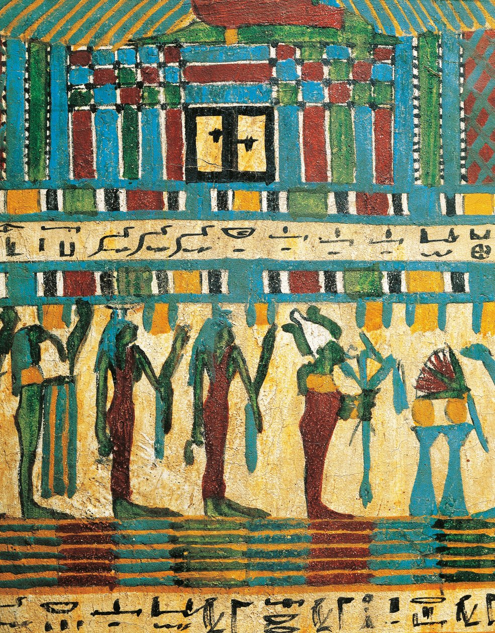 Détail de panneau en bois plâtré et peint avec chambre de jugement et dieu Osiris suivi de divinités, du Sarcophage d