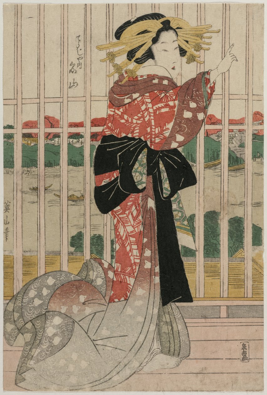 La courtisane Meizan du Chojiya sur un balcon surplombant la rivière Sumida, début ou milieu des années 1820 - Kikugawa Eizan