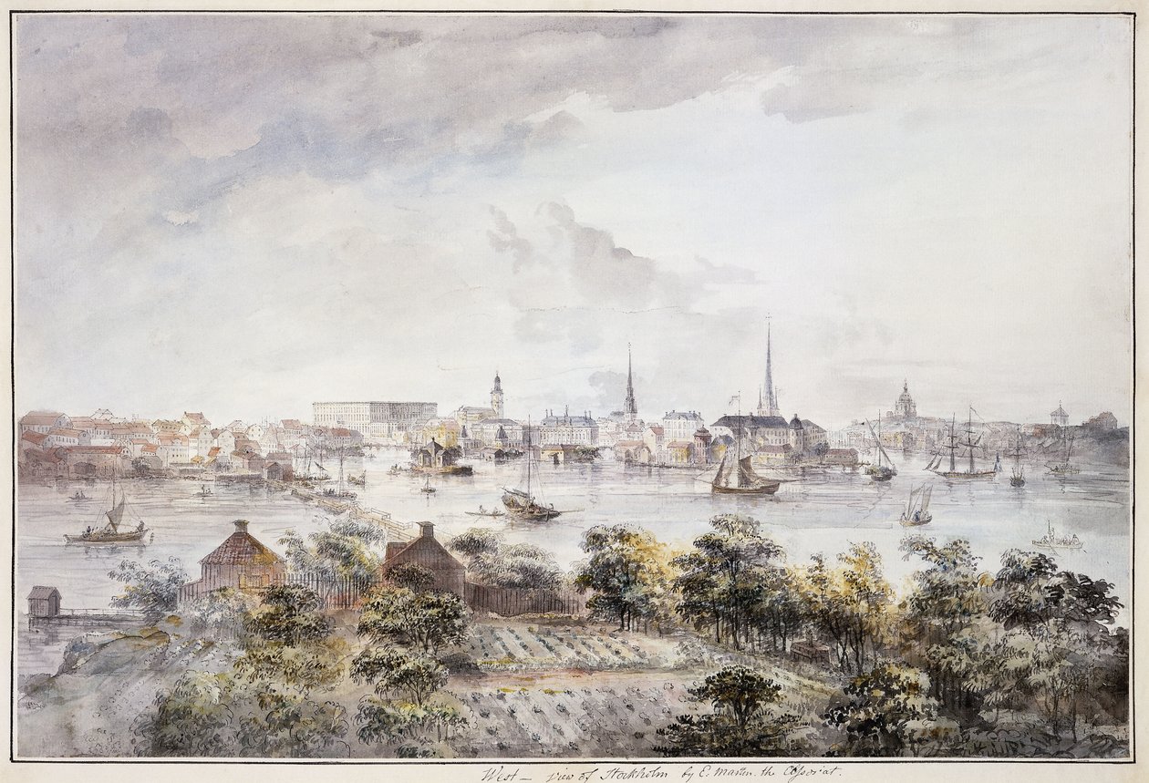 Vue de Stockholm depuis Kungsholmen avec le Palais Royal et Storkyrkan, Tyskakyrkan, Katarinakyrka et Riddarholmskyrkan - Elias Martin