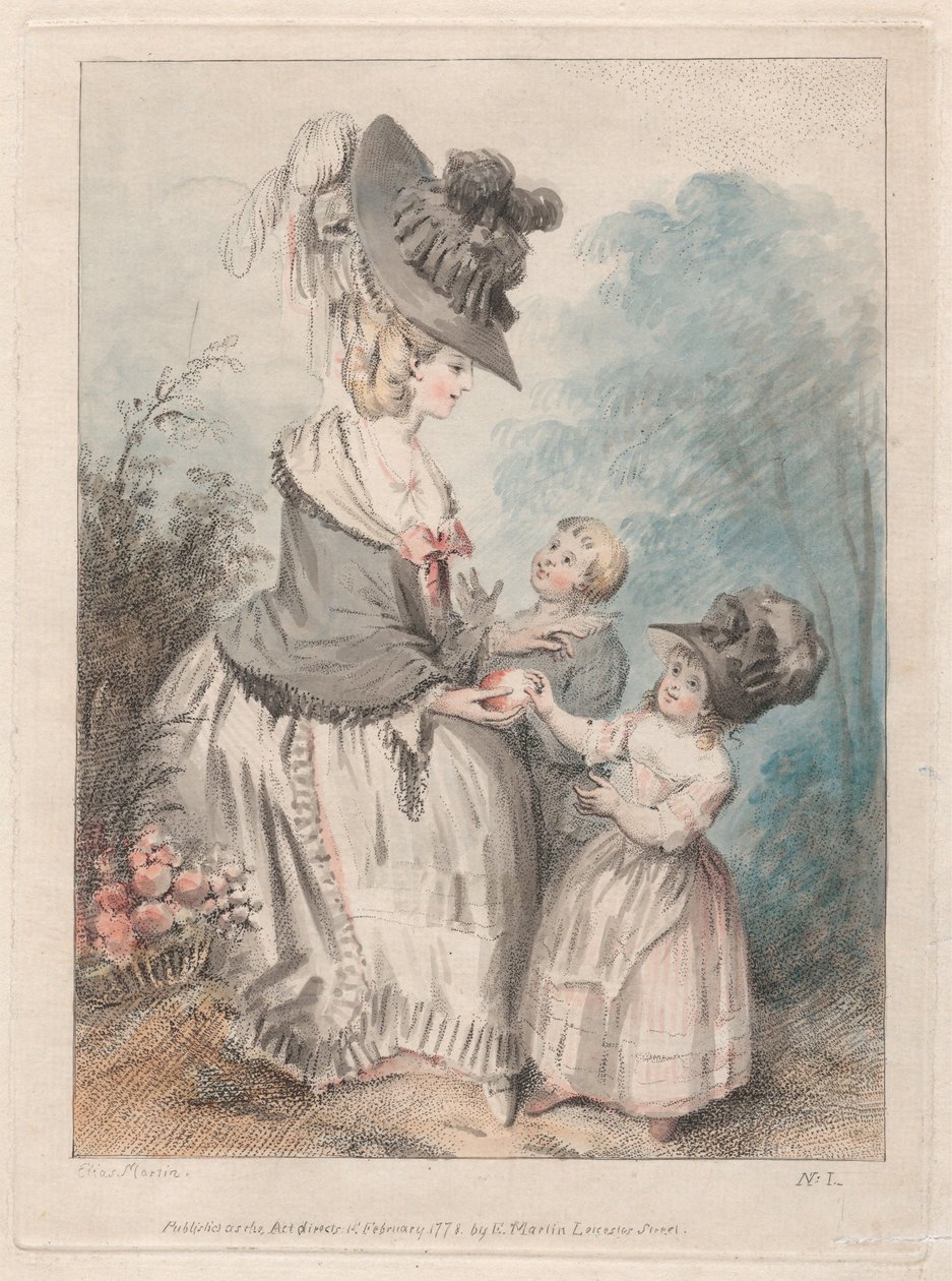 Dame avec un garçon et une fille dans un jardin - Elias Martin