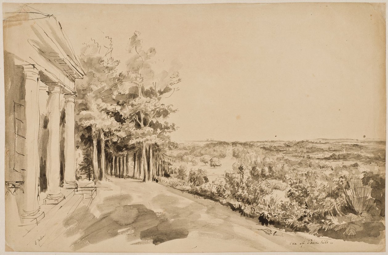 Vue du temple de Bacchus, avec le temple gothique en arrière-plan, à Painshill - Elias Martin