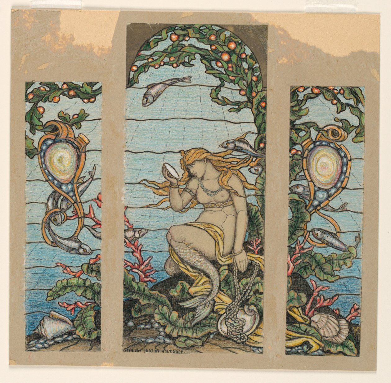 Dessin, projet de vitrail, The Mermaid Window, pour la résidence A.H. Barney, New York, NY, 1882 - Elihu Vedder