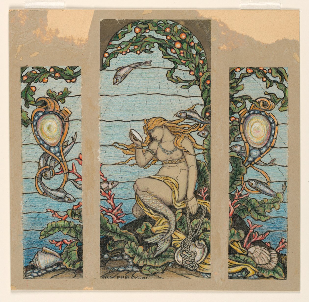 Dessin, "The Mermaid Window", projet de vitrail pour la résidence A.H. Barney, New York, NY, 1882 - Elihu Vedder