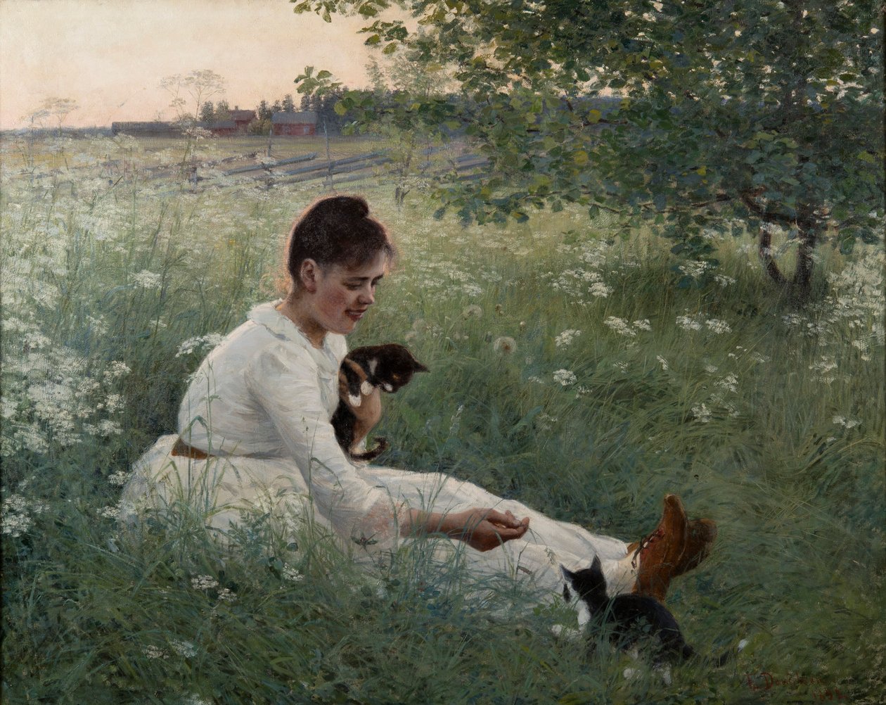 Jeune fille avec des chats dans un paysage d