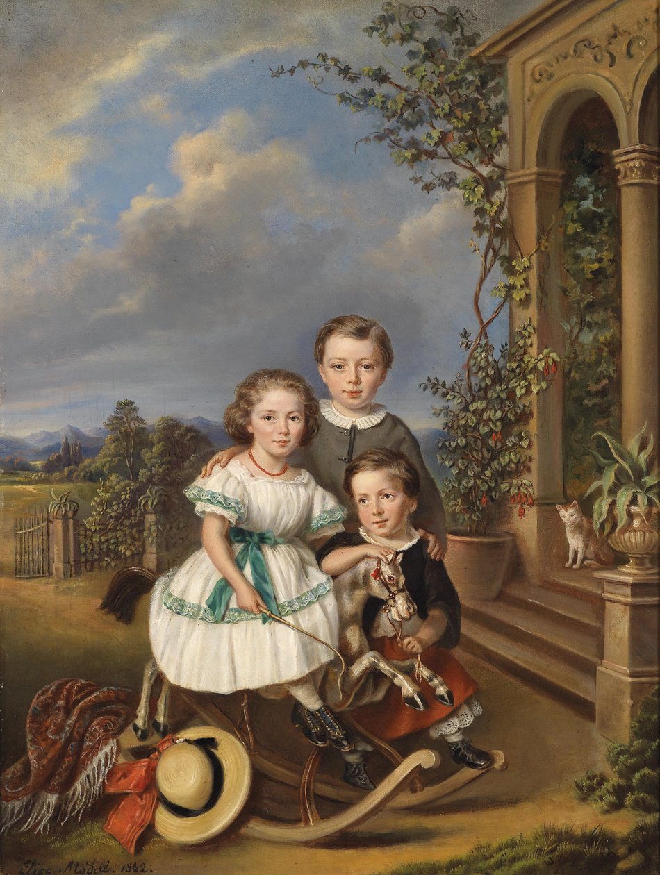 Portraits de trois enfants devant un pavillon de jardin - Elisabeth Modell