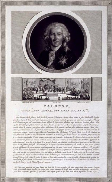Calonne, contrôleur général des finances, en 1787, portrait gravé par Charles Levachez, avec une scène de l