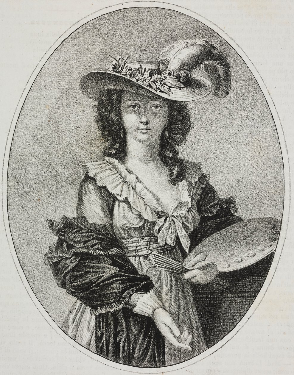 Autoportrait avec palette, par la peintre française Élisabeth Vigée Le Brun, lithographie de Giovanni Mariani de Poliorama Pittoresco, n 42, 28 mai - Elisabeth Louise (after) Vigee Lebrun