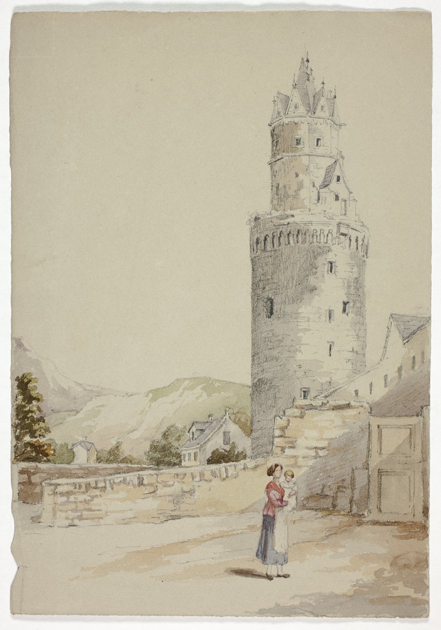Femme et enfant devant une ville fortifiée avec tour - Elizabeth Murray