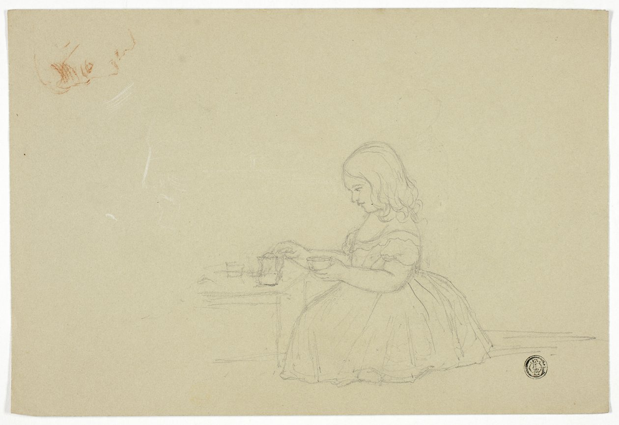 Jeune fille versant du thé et croquis de profil (recto), et croquis de rue de ville italienne (verso) - Elizabeth Murray