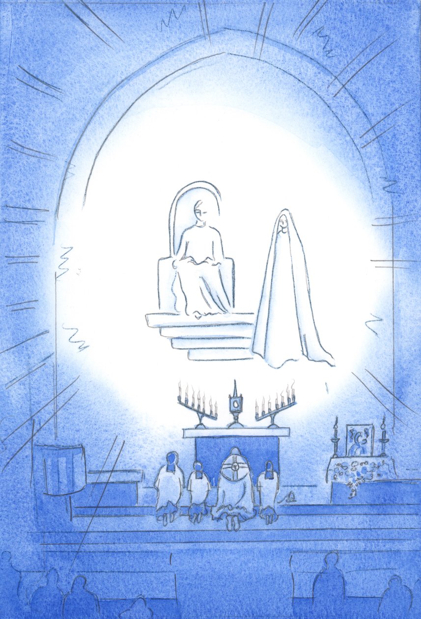 Le Christ est intronisé au-dessus de nous, dans la gloire, lors de notre Neuvaine et Bénédiction, qui est comme une fête céleste. Notre mère Marie se tient joyeusement à proximité - Elizabeth Wang