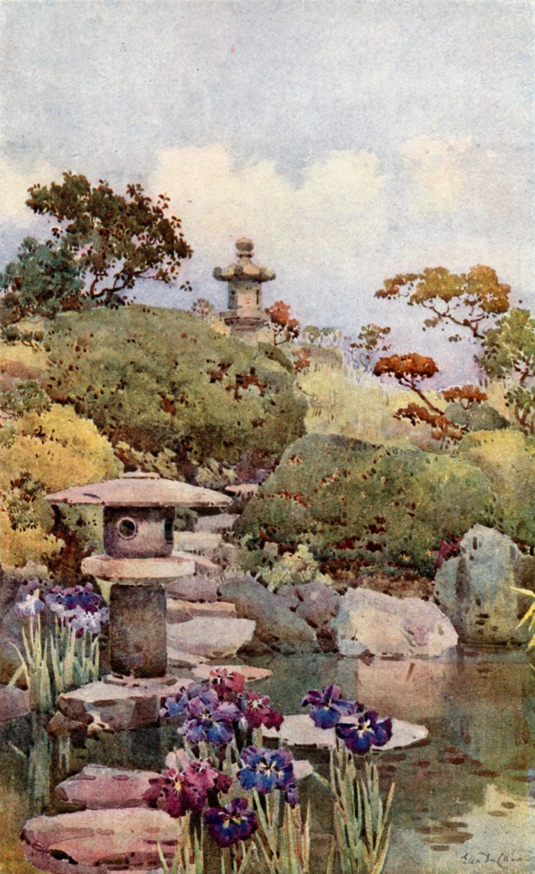 A Tokyo Garden (colour litho) - Ella Du Cane