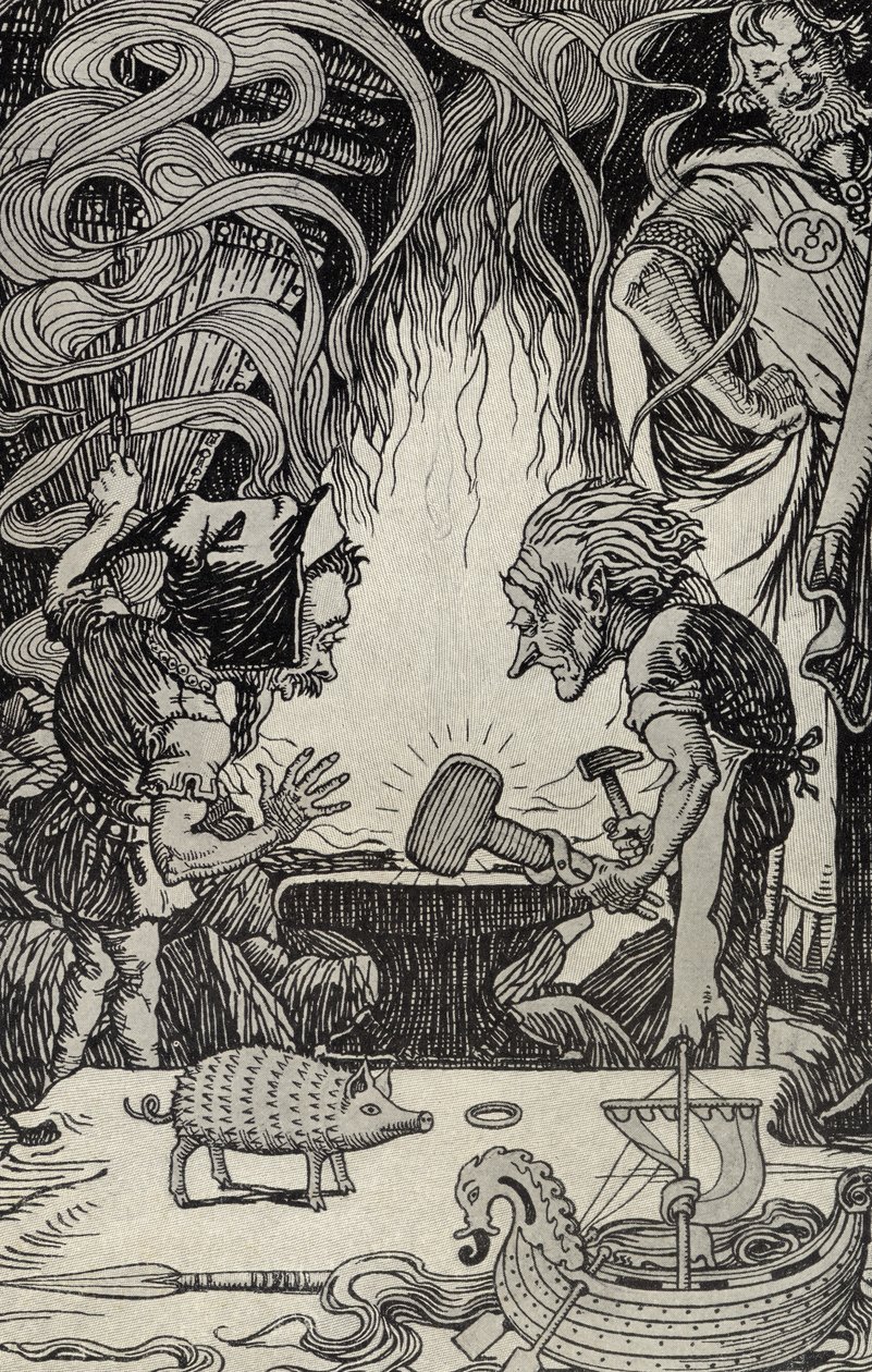 Le Troisième Cadeau, un Marteau Enorme, illustration de Mythes de nombreux pays, publié en 1912 - Elmer Boyd Smith