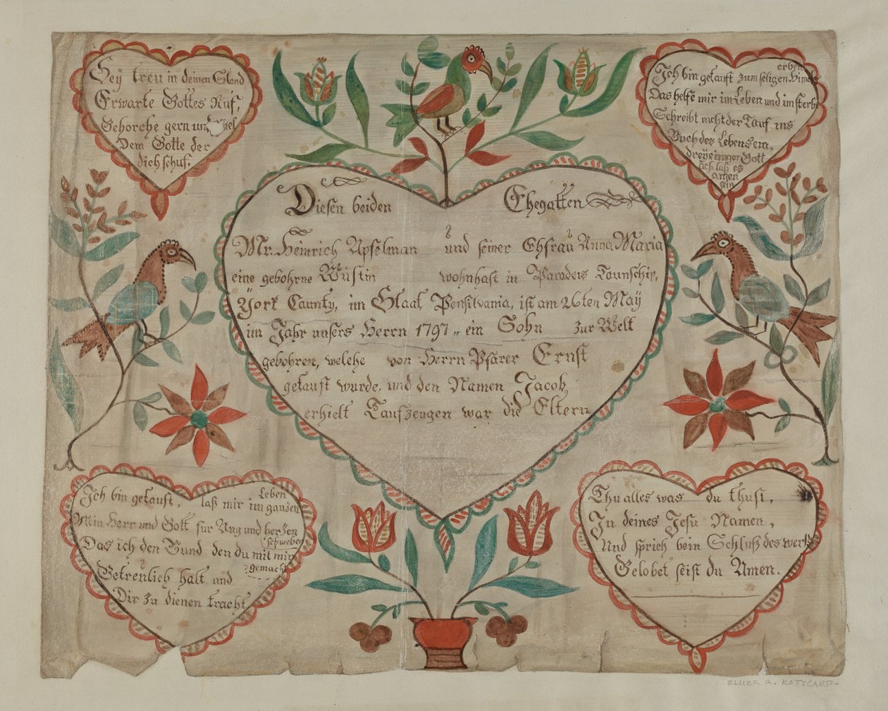 Certificat de naissance et de baptême allemand de Pennsylvanie - Elmer R. Kottcamp