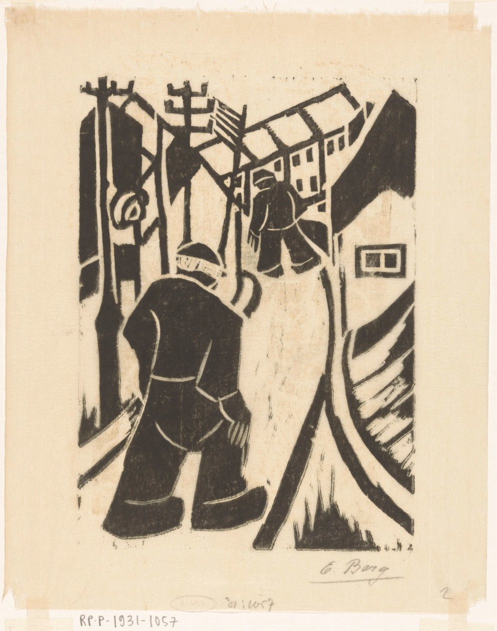 Deux figures dans une rue de village - Else Berg (signed by artist)