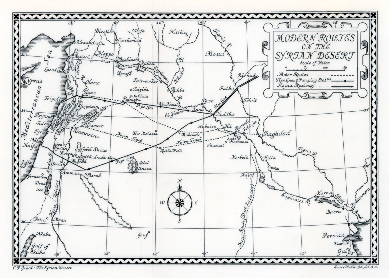 Routes ferroviaires et automobiles et pipelines, désert syrien, 1937 - Emery Walker