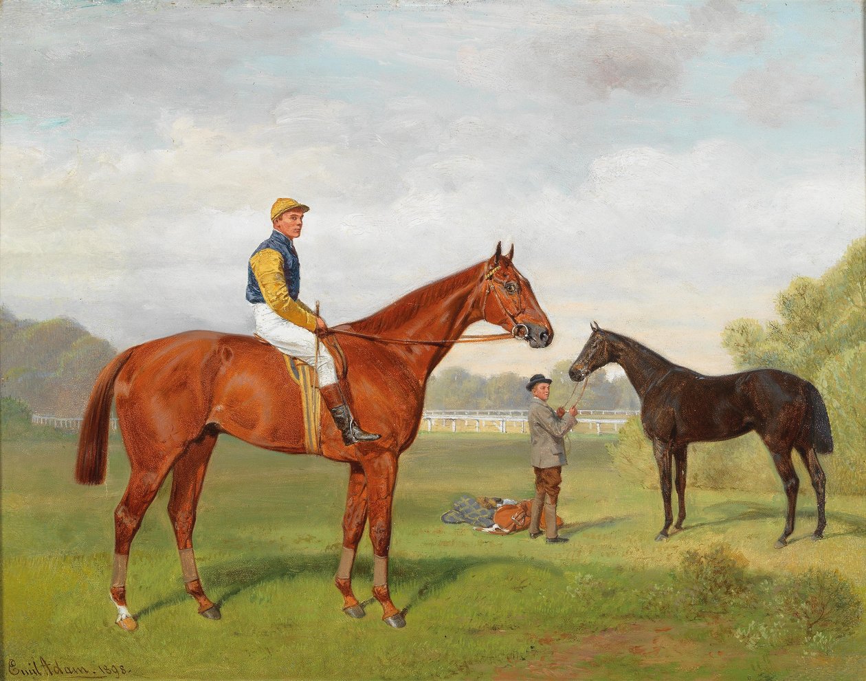 Arulo et Komamasszony, deux chevaux de course victorieux du baron Hermann von Konigswarter avec le jockey Robert Adams - Emil Adam
