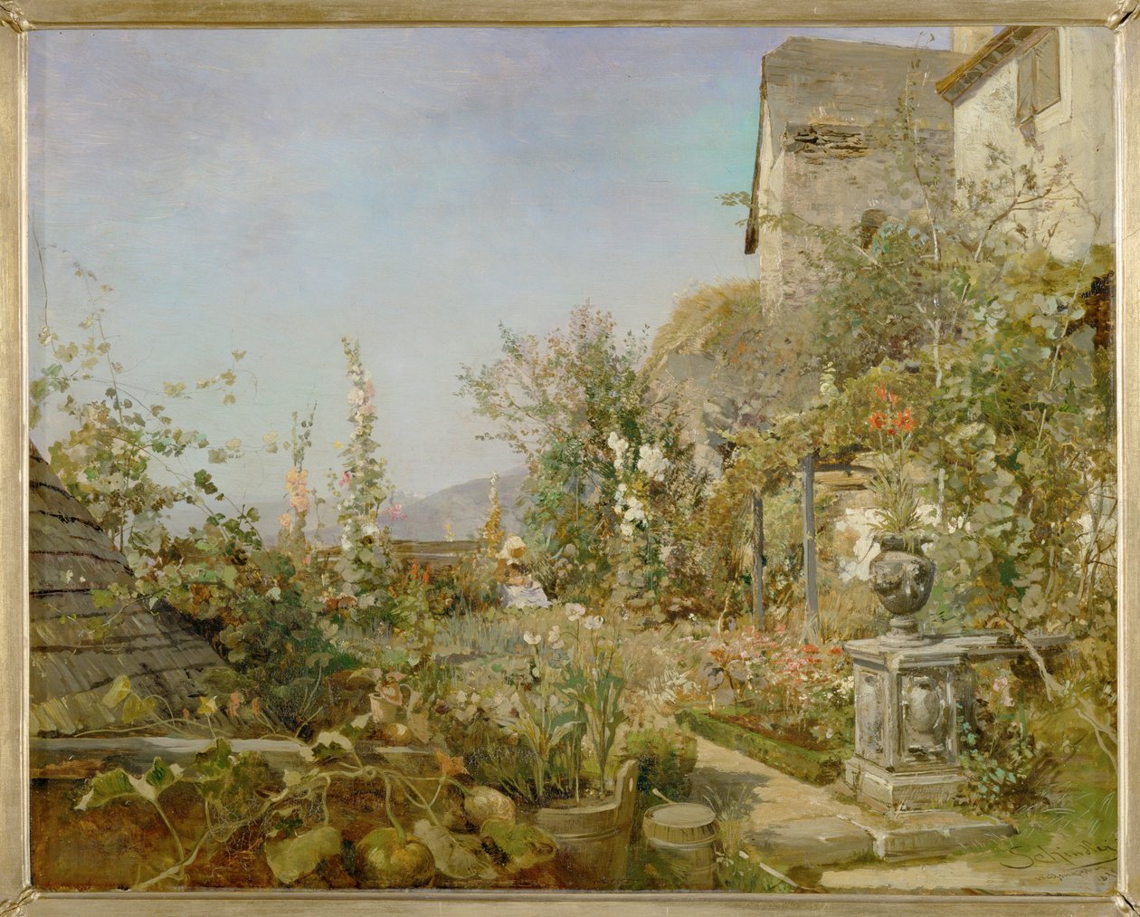Jardin de fleurs à Weissenkirchen - Garden with flowers in Weissenkirchen ... (oil on wood) - Emil Jakob Schindler