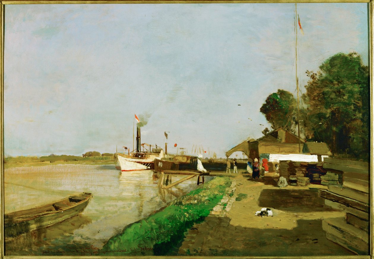 Station de bateaux à vapeur sur le Danube près de Kaisermuehlen - Steamboat station on the Danube near Kaisermuehlen ... (painting on canvas) - Emil Jakob Schindler