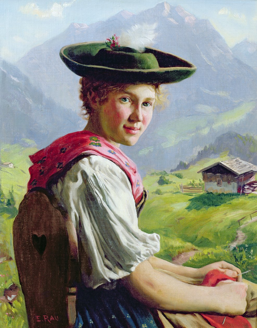 Fille avec un chapeau dans un paysage de montagne - Emil Karl Rau