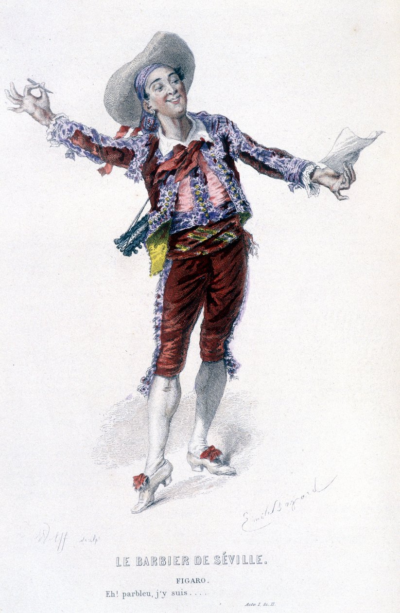 Œuvres complètes de Beaumarchais (1732-1799) par Edouard Fournier. Dessin par Emile Bayard. Ed. Laplace, Sanchez et Cie, Paris 1876. Ceci est Figaro dans « Le Barbier de Séville » - Emile Antoine Bayard