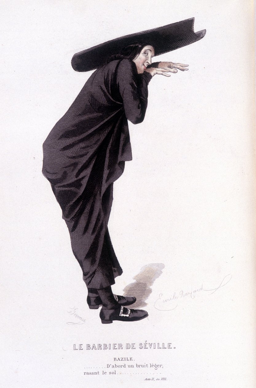Œuvre complète de Beaumarchais (1732-1799) par Édouard Fournier. dessin par Émile Bayard. éd. Laplace, Sanchez et Cie, Paris 1876. Voici Bazile dans "Le Barbier de Séville" - Emile Antoine Bayard