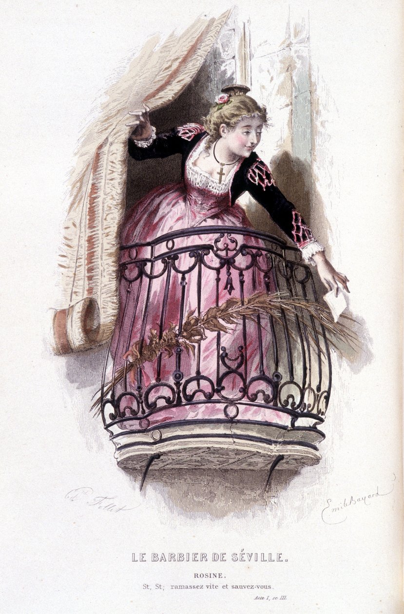 Œuvre complète de Beaumarchais (1732-1799) par Édouard Fournier. dessin par Émile Bayard. éd. Laplace, Sanchez et Cie, Paris 1876. Voici Rosine dans "Le Barbier de Séville" - Emile Antoine Bayard