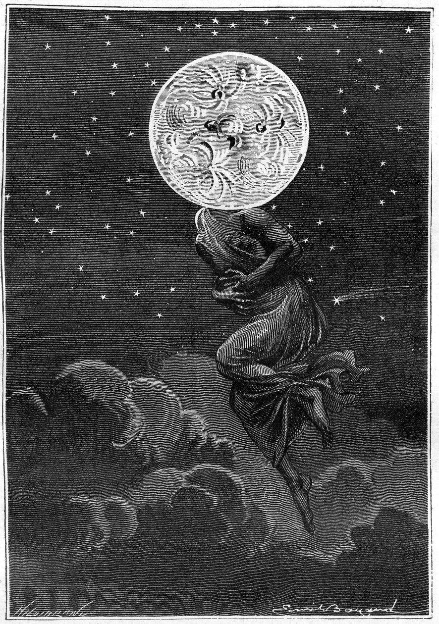 Gravure (par Emile Bayard) du livre de Jules Verne « Autour de la Lune » (édition Hetzel/Voyages extraordinaires 1870) : « la lune personnifiée avec le corps d