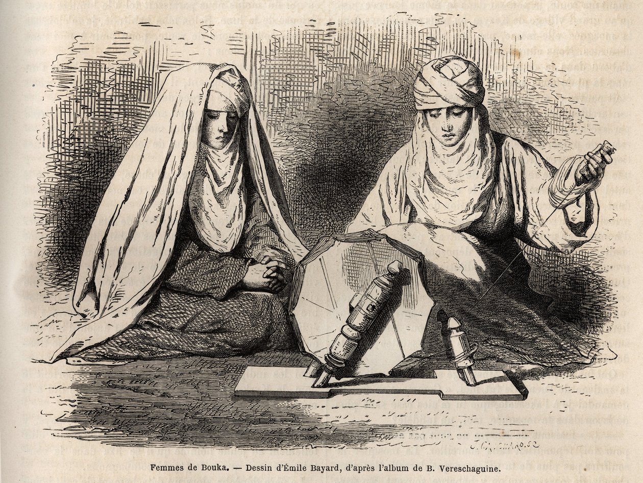 Femmes de Boukhara (Ouzbékistan), travaillant à filer, gravure d