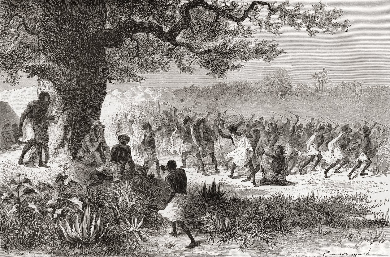 Henry Morton Stanley observant la tribu Vouagogos se préparant pour la bataille lors de son expédition en 1871, illustration de 